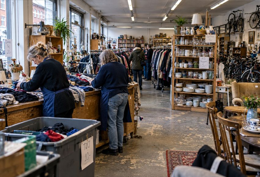Frivillige sorterer donerede klæder i en genbrugsbutik