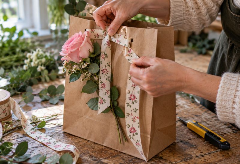 To slidser i posen og et bånd igennem holder rosen fast helt uden tape eller lim