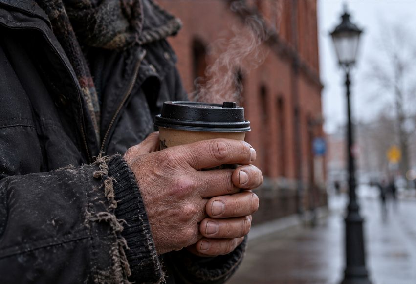 Hænder holder en varm kop suppe med låg udendørs i kulden