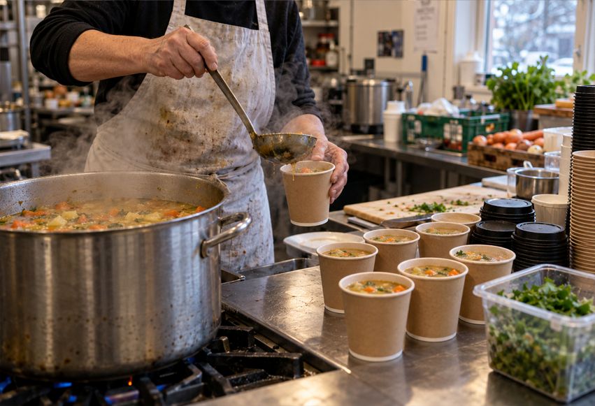 Frivillig øser varm suppe op i kopper med låg i et suppekøkken