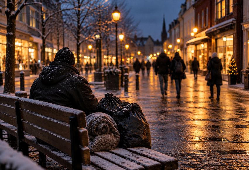 Hjemløs person på en bænk en kold vinteraften, mens folk går forbi