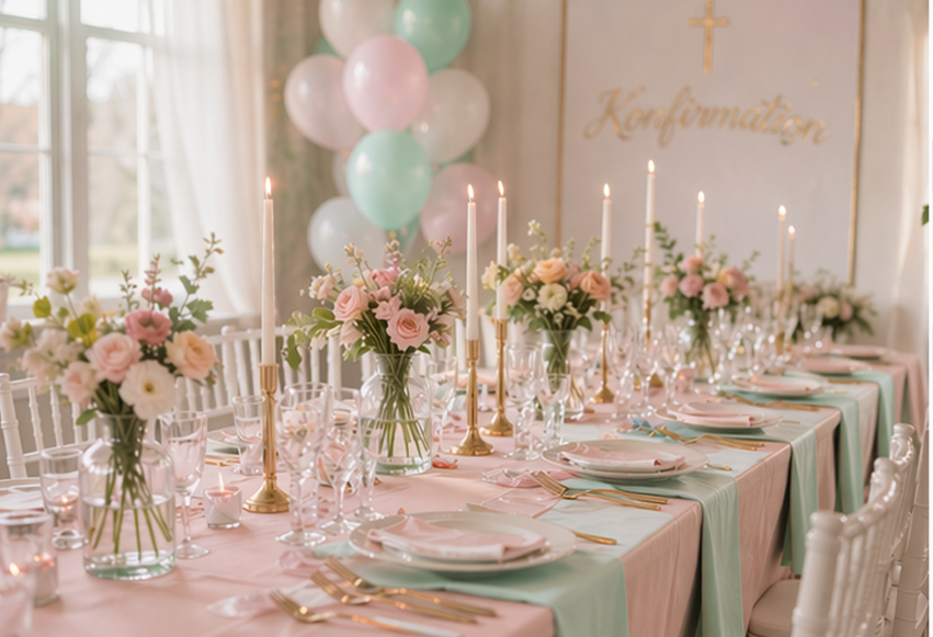 pasteldækket bord med linned og guldbestik